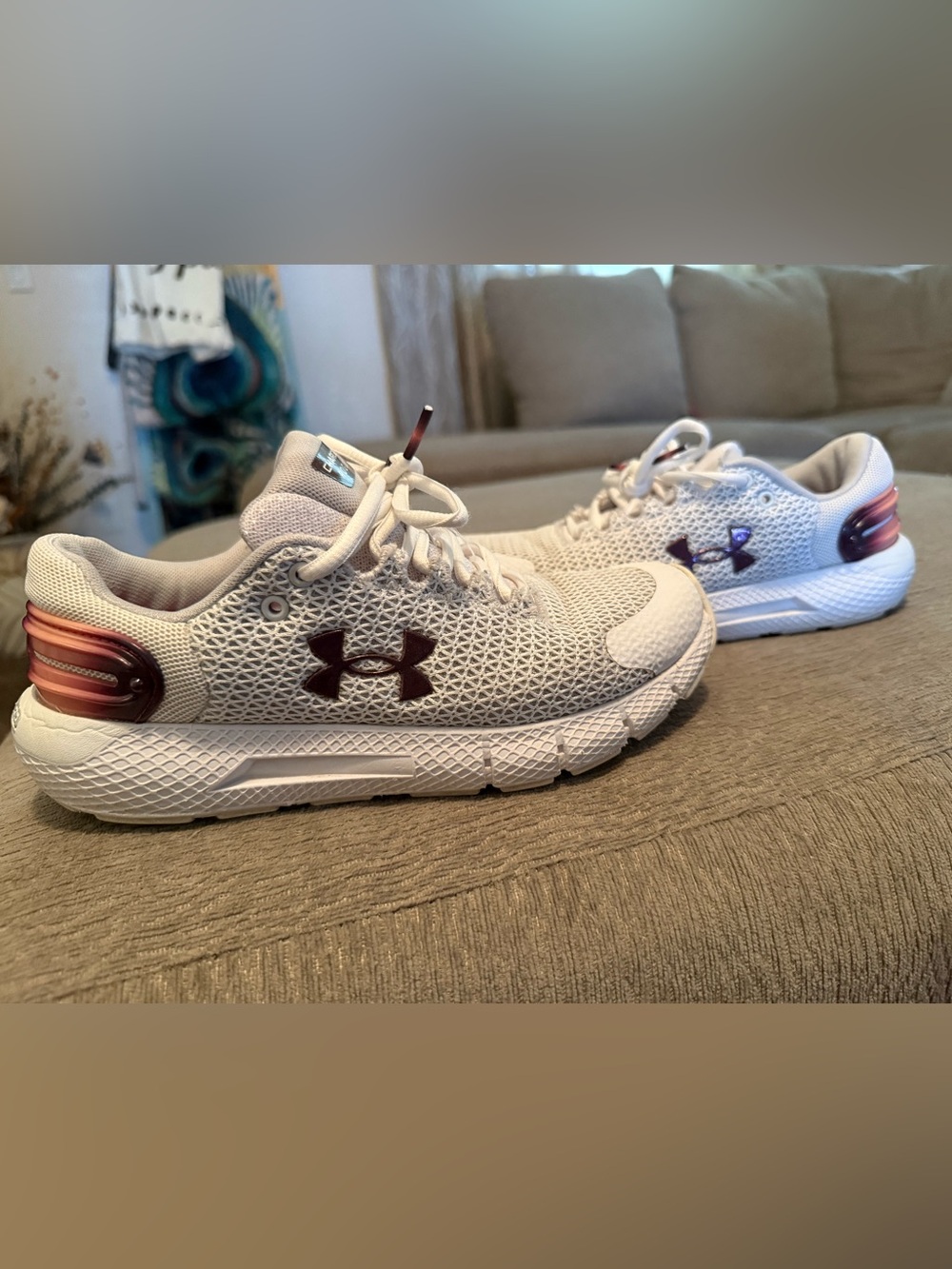 Under Armour White Athletic Shoes with Maroon Logo Accents